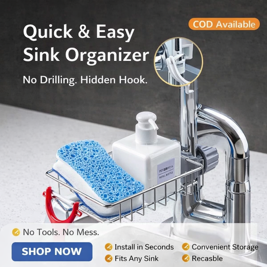 Faucet-Mount Stainless Steel Sink Caddy Organiser with Hidden Hook | Soap Dispenser & Sponge Holder | No-Drill Kitchen Storage Rack|No drilling. No screws. No mess